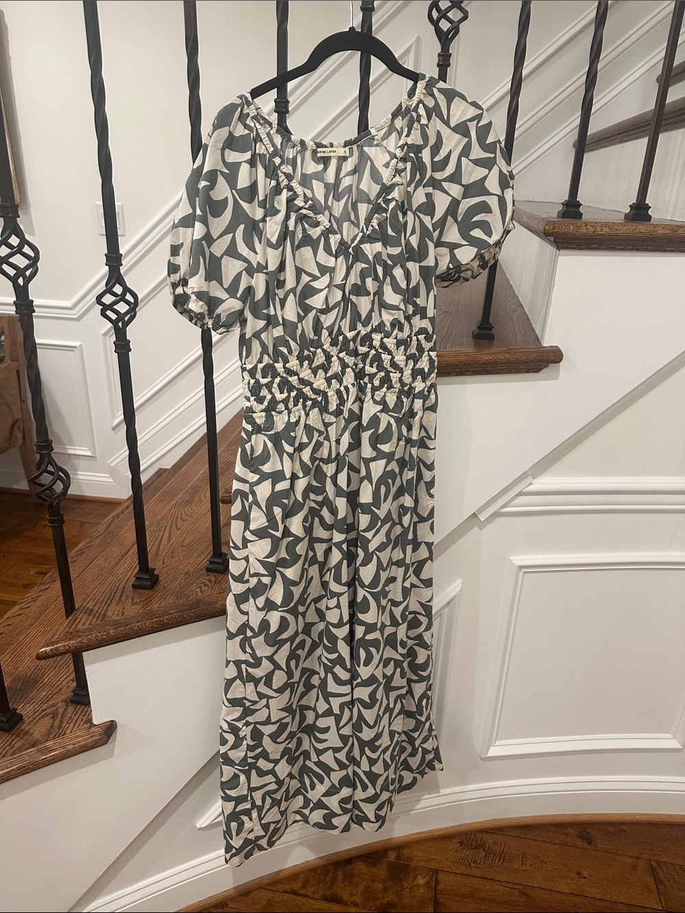 Marine Layer Cream and Green Abstract-Print Puff Sleeve Midi Dress - Picture 1 of 4